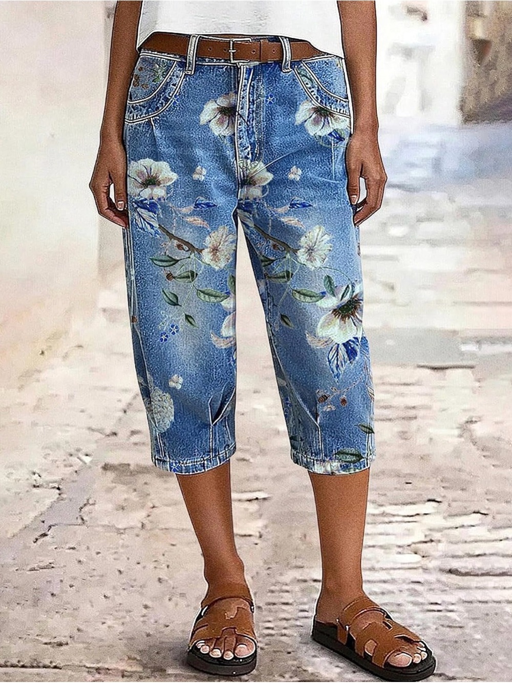 Flamingals High Waist Straight Leg Capri Floral Pattern Jeans L PS11-15